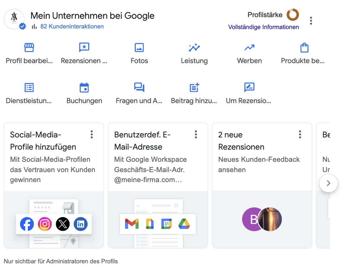 Google My Business Dashboard mit Standortdaten und Bewertungen.